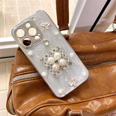 CUTECASEパール/ダイヤデコ iPhone16/17proケース きれいストラップ アイフォン15プロ/14promaxカバー 高級感 CM5602