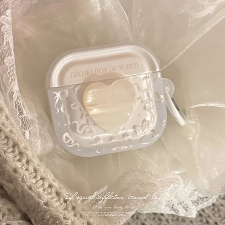 CUTECASE シェル風ハート Airpods Pro3ケース リボン柄 Airpods 4/3カバーケース AirpodsPro2/1 キラキラ感 オシャレホワイト CM6187