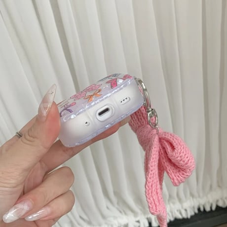CUTECASE リボン柄 AirpodsPro3ケース ニットリボンキーホルダー付き Airpods4/3/Pro2ケース 女子力高い 可愛いギフトCM5758