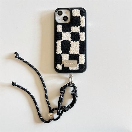 CUTECASE秋冬 iphone16pro/16ケース ストラップ付 チェック柄 iphone14pro/13pro/12/11カバー 柔らかい 頑丈 刺繡入り CM4663