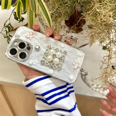 CUTECASEパール/ダイヤデコ iPhone16/17proケース きれいストラップ アイフォン15プロ/14promaxカバー 高級感 CM5602