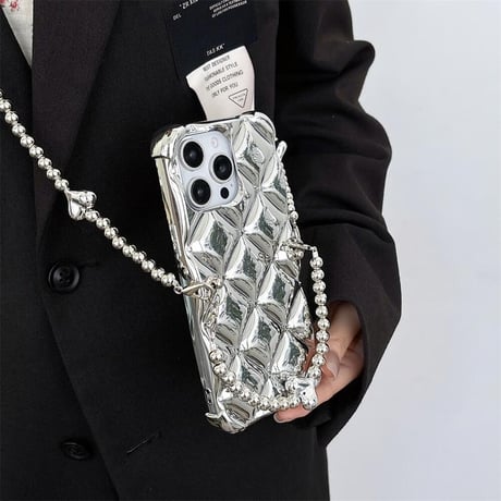 CUTECASEショルダー付 iPhone15pro/15plusケース 菱形 シルバー iPhone14promax/13mini/12proカバー 艶感 CM4489