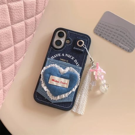 CUTECASEカート収納 iPhone16/16Proケース デニム レースハート iPhone15Promax/14/13カバー ストラップ付 耐衝撃 女子力高いCM4812