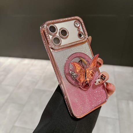 CUTECASE 鏡付蝶スタンド iPhone17Pro/17ケース メタリックカラー iPhone16/15ProMax/14ケース ラグジュアリー感 キラキラライン 大人気 レンズ保護CM6240