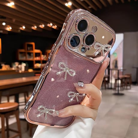 CUTECASEダイヤリボン iPhone16/16Proケース うねうねライン ラメ iPhone15pro/14/13Promaxカバー 綺麗 艶感CM5515