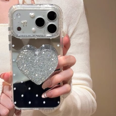 CUTECASE水玉模様ミラー iPhone17pro/17ケース ラメ入りハートグリップ iPhone16/15pro/14ケース 女子力高いCM6118