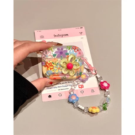 CUTECASE 可愛い Airpods4ケース 花柄 立体花デコ ストラップ付 AirpodsPro2ケース エアーポッズ3/2 プレゼントにおすすめ CM5607