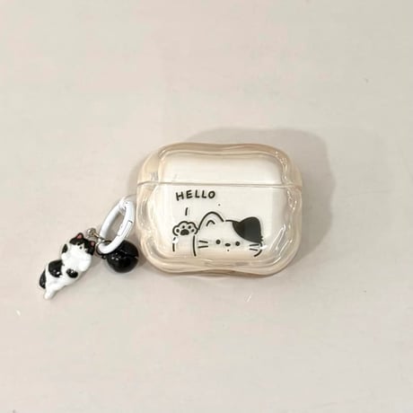 CUTECASE HELLO猫ちゃん AirPodsPro3ケース 白黒猫キーホルダー Airpods4/3ケース AirpodsPro2カバー うねうね 可愛いギフトにおすすめ CM5939