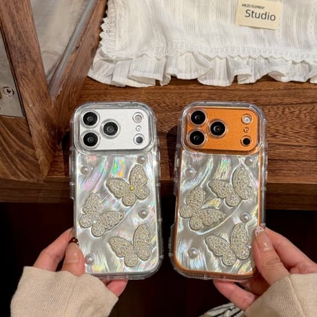CUTECASE パール蝶々デコ iphone17Pro/17ケース キラキラ光る アイフォン17promax/16/15proカバー おしゃれさんにおすすめCM5811