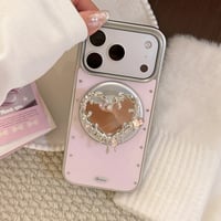 CUTECASE ハート型ミラーグリップ iPhone17Pro/17ケース ワイヤレス充電 ピンク iPhone17ProMax/16Pro/15カバー かわいい 女子力アップ CM6355