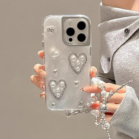 CUTECASEガールズに人気 iPhone15pro/15ケース パール/ハート ストラップ付 アイフォン14pro/13/12カバー 女子力高い トレンドCM4391