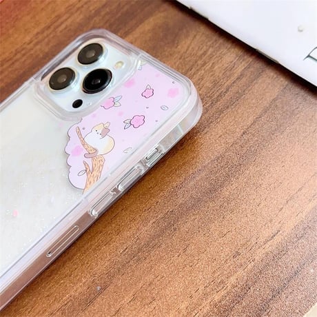 CUTECASE お花見猫 iPhone15/15proケース 動くグリッター入り iPhone14/13pro/12クリアケース ピンク 綺麗CM4412