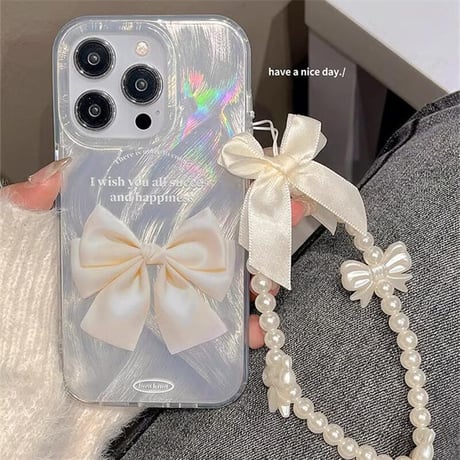 CUTECASEリボン柄 iPhone15/15proケース パールストラップ付 iPhone14/13pro/12ケース かわいい きれい キラキラ艶感CM4015