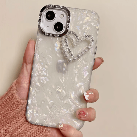 CUTECASE パールハート iPhone15/15proケース シェル風 iPhone14pro/13/12pro/11カバー 真珠ストラップ付 女子力UP トレンドCM4040