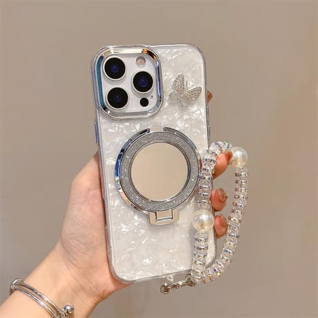 CUTECASE鏡リングスタンド iPhone17/17proケース ジュエリー蝶シェル風 iPhone16pro/15/14proカバー オシャレストラップ 多機能 CM5603