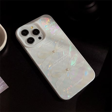CUTECASE シェル風 iPhone15/15proケース リボン柄 立体パール iPhone14/13pro/12ケース かわいい きれい 女子力UP CM4003