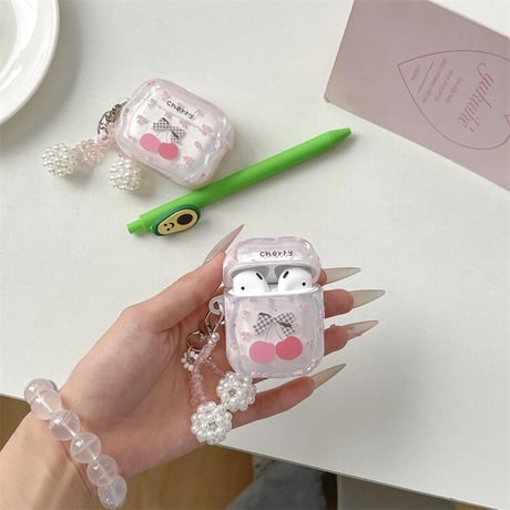 CUTECASE女子力アップ Airpods4ケース チェリー パールキーホルダー AirpodsPro2ケース airpods3/2カバー 可愛いすぎ うねうね 頑丈CM5404