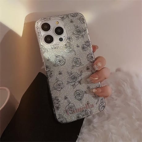 CUTECASEキラキラ薔薇柄 iPhone15/15proケース ラメ入りおしゃれ iPhoneSE/14/13Proカバー 女子力アップ かわいい シック CM4013