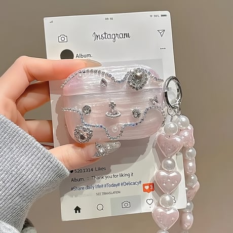 CUTECASE ダイヤデコ Airpods 4ケース ピンクシェル風 Airpods3/Pro2ケース airpodsproカバー ストラップ付 上品 高級感高品質CM5098