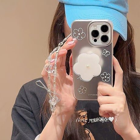 CUTECASE花グリップ iPhone17Pro/16Proケース ストラップ付 iPhone15promax/14/13カバー 高級感 シルバー CM5566