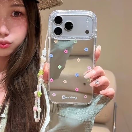 CUTECASE 花柄ミラー iPhone17pro/17ケース 花ストラップ iPhone16/15pro/17promaxケース 日常/旅行に合う 女子力高い かわいいCM6235
