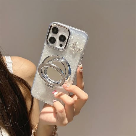 CUTECASE鏡リングスタンド iPhone17/17proケース ジュエリー蝶シェル風 iPhone16pro/15/14proカバー オシャレストラップ 多機能 CM5603
