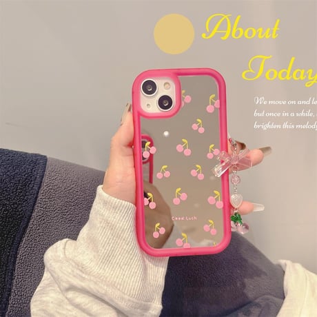 CUTECASE チェリーミラーiPhone15/15proケース ストラップ付 iPhone14/13pro/12ケース レンズフイルム付 丈夫C6024