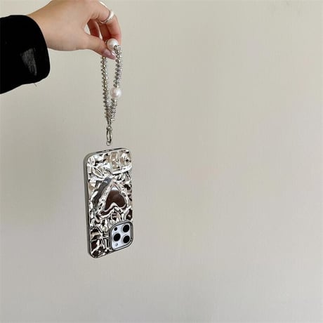 CUTECASE しわ模様 iPhone17/16proケース ハート型ミラー付グリップ付 iPhone15promax/14proケース ジュエリーストラップ 高機能CM5640