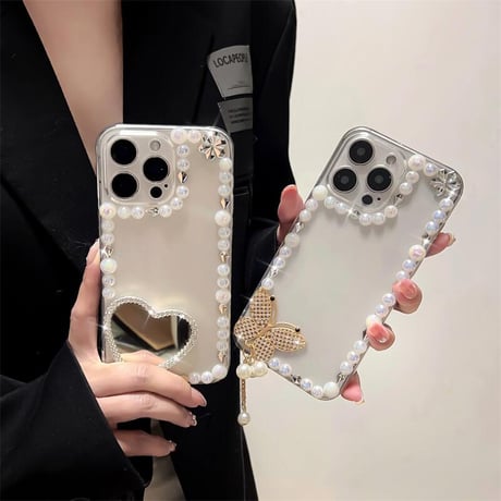 CUTECASEパールデコiPhone16pro/16ケース ハートミラー/蝶 iPhone15/14pro/13proクリアケース 女子力高い 可愛い CM5113