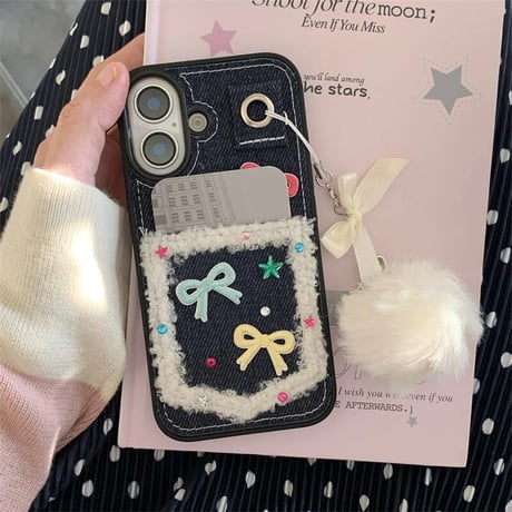 CUTECASEカート収納 iPhone16/16Proケース 刺繡リボン 毛玉ストラップ付 iPhone15Promax/14/13カバー デニム 耐衝撃 女子力高いCM4891