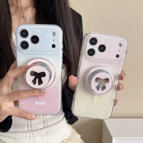 CUTECASE リボンミラーグリップ iPhone17Pro/17ケース MagSafe対応 iPhone17ProMax/16Pro/15ケース グラデーションカラーCM6270
