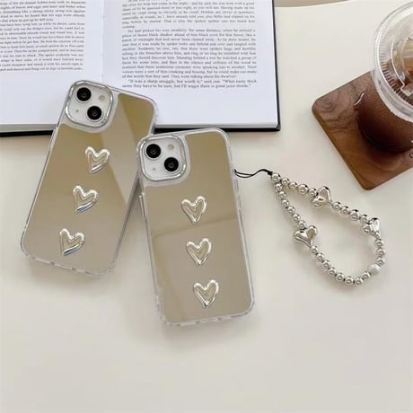 CUTECASEハートデコ鏡 アイフォン16/16promaxケース ハートストラップ iPhone15pro/14/13proカバー 可愛い 丈夫 夏に人気CM5435