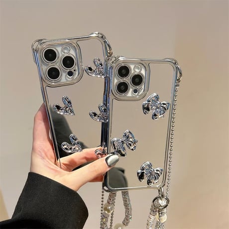 CUTECASE リボン付鏡 iPhone16/16proケース バックチャーム/ショルダーストラップ付 iPhone15pro/14/13カバー 人気アイテムCM5427