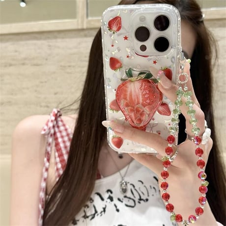 CUTECASE動くイチゴ iPhone16/16proケース かわいい ストラップ iPhone15pro/14/13proカバー めっちゃ可愛い 人気CM5323