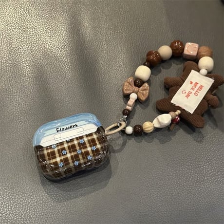 CUTECASE 韓国っぽい Airpods Pro3ケース 花柄 熊ストラップ付 Airpods4/3ケース AirpodsPro2/Pro1カバー チェック柄 ギフトにおすすめ CM5838