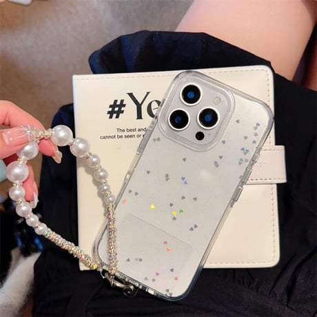 CUTECASEハートグリッター iPhone16pro/16ケース 高透明 パールストラップ iPhone15pro/14/13カバー 可愛い 高級感たっぷりCM5219