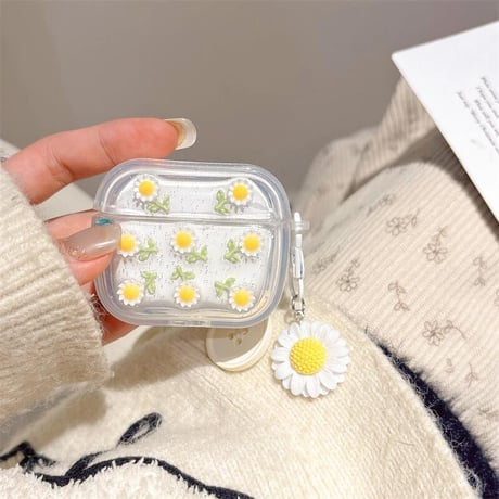CUTECASE草花 Airpods 4ケース ラメ入り 透明 Airpods3/2カバー Airpodspro2/pro 花キーホルダー付き 女子力高いCM5038
