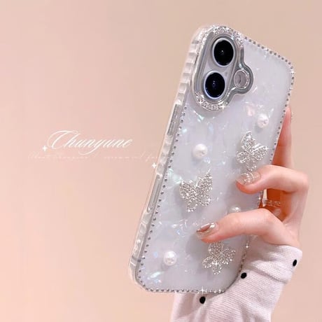 CUTECASEシェル柄 iPhone16pro/16カバー ジュエリー蝶/パールデコ iPhone15pro/14promax/13ケース 上品 大人可愛い エレガント CM5351