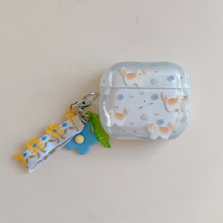 CUTECASE 猫ちゃん花柄 Airpods Pro3ケース 刺繍花のストラップ Airpods 4/3カバーケース AirpodsPro2/1 可愛い ギフトに合う CM6185
