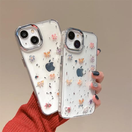 CUTECASE春夏向け アイフォン16pro/15ケース 花/蝶デコ iPhone14/13pro/12カバー 透明 大人可愛い 丈夫CM5154