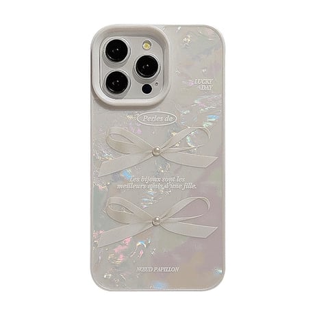 CUTECASE シェル風 iPhone15/15proケース リボン柄 立体パール iPhone14/13pro/12ケース かわいい きれい 女子力UP CM4003