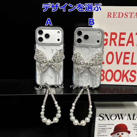 CUTECASE ジュエリー蝶デコ iPhone17Pro/17ケース キラキラ 綺麗 iPhone16Pro/15カバー パールストラップ 女子力高い CM5855