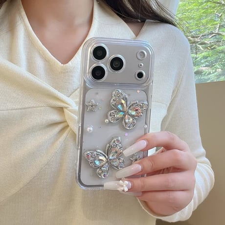 CUTECASE ダイヤデコ蝶 iPhone17Pro/17ケース キラキララメ クリアiPhone16Pro/15/14カバー 豪華 綺麗 人気品 CM6247