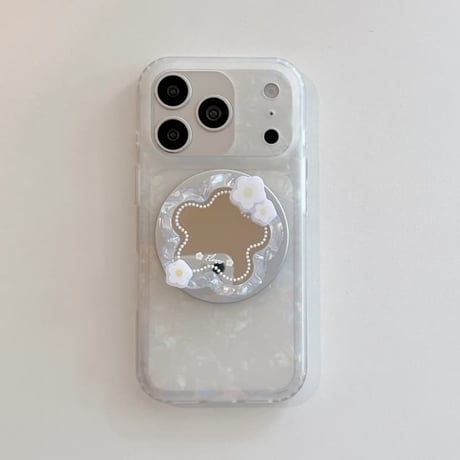 CUTECASE 花型ミラーグリップ iPhone17Pro/17ケース MagSafe対応 シェル風 iPhone16Pro/15/14ケース 淡色系 ガーリーファッションCM6255
