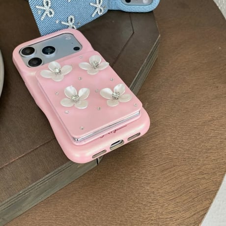CUTECASE スタンド付ミラー iPhone17/17Proケース リボン/花デコ レザー iPhone17ProMax/16/15/14カバー 高品質 頑丈 上品 オシャレCM6229