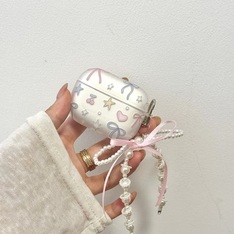 CUTECASE 指紋防止マット仕上げ Airpods Pro3ケース リボン柄 Airpods 4/3カバー AirpodsPro2/1 パールリボンキーホルダー 可愛すぎCM6336