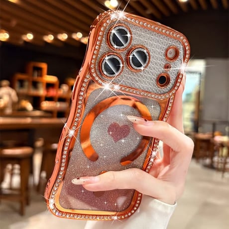 うねうねジュエリーライン iPhone17Pro/17ケース MagSafe対応 ハート柄 iPhone16/15/14ケース ラグジュアリー感 メタリックカラー レンズ保護CM6311