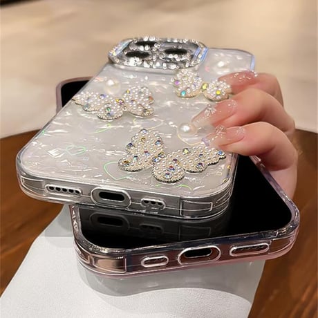 CUTECASE ジュエリー/パールデコ iPhone17/16promaxカバー 蝶々 カメラカバー iPhone15/14/13ケース 綺麗ストラップ キラキラハート入りシェル柄CM5590