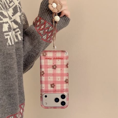 CUTECASE 韓国風 花柄 iPhone17pro/17カバー ピンク チェック柄 iPhone16/15pro/14ケース 可愛いストラップ ガールズに人気CM6165