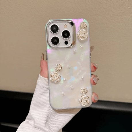 CUTECASE 花パール iPhone15/15proケース キラキラ シェル風 iphone14/13/12proカバー 綺麗 女子力アップ CM4039
